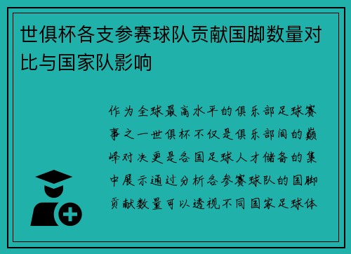 世俱杯各支参赛球队贡献国脚数量对比与国家队影响